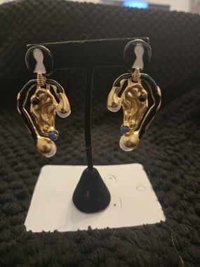 Schiaparelli Inspired  Gold and Black Sculptural Earrings Blue Accents